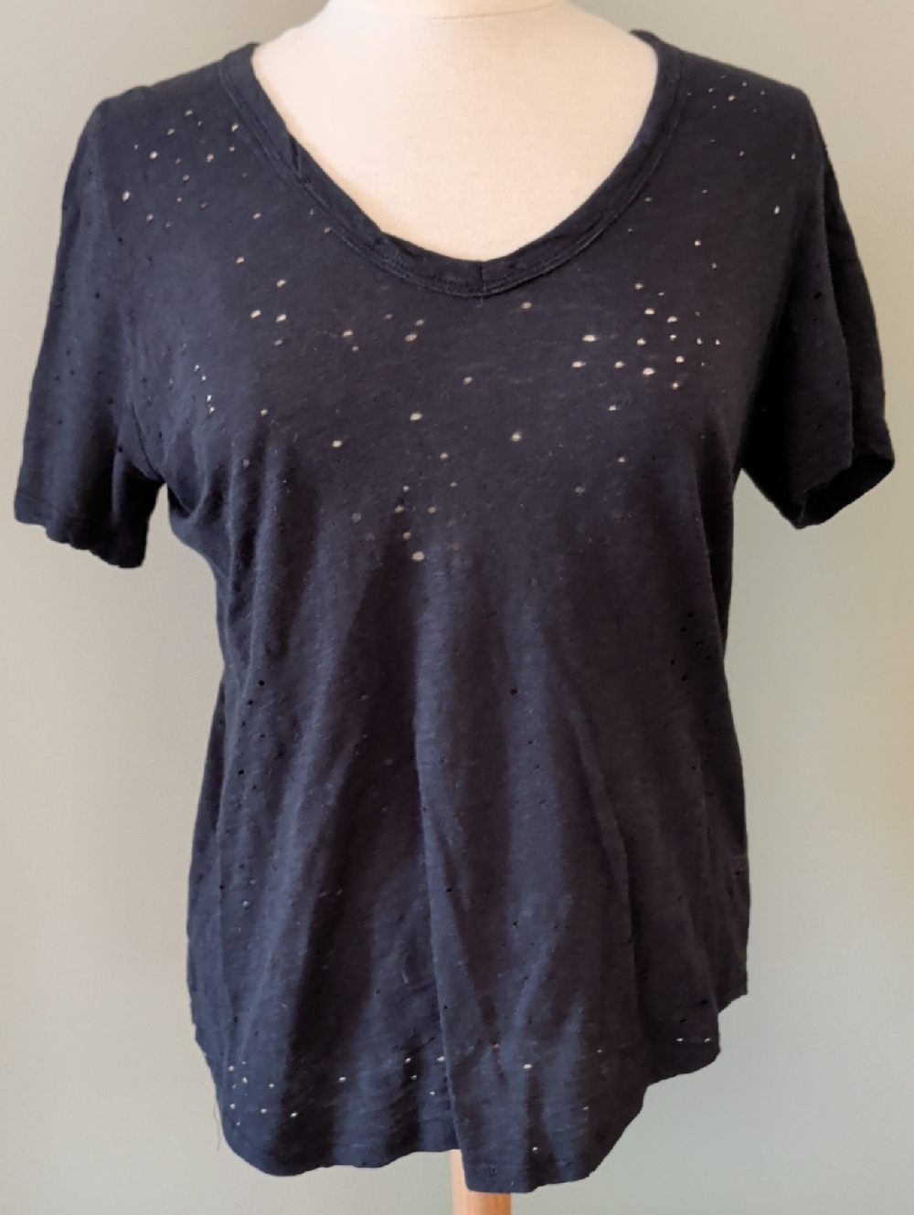 Renee C Womens Distressed Black V-Neck Short Sleeve Top Size Large Cotton